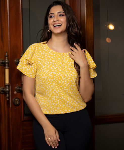 Mustard Based Floral Butterfly Sleeve Top